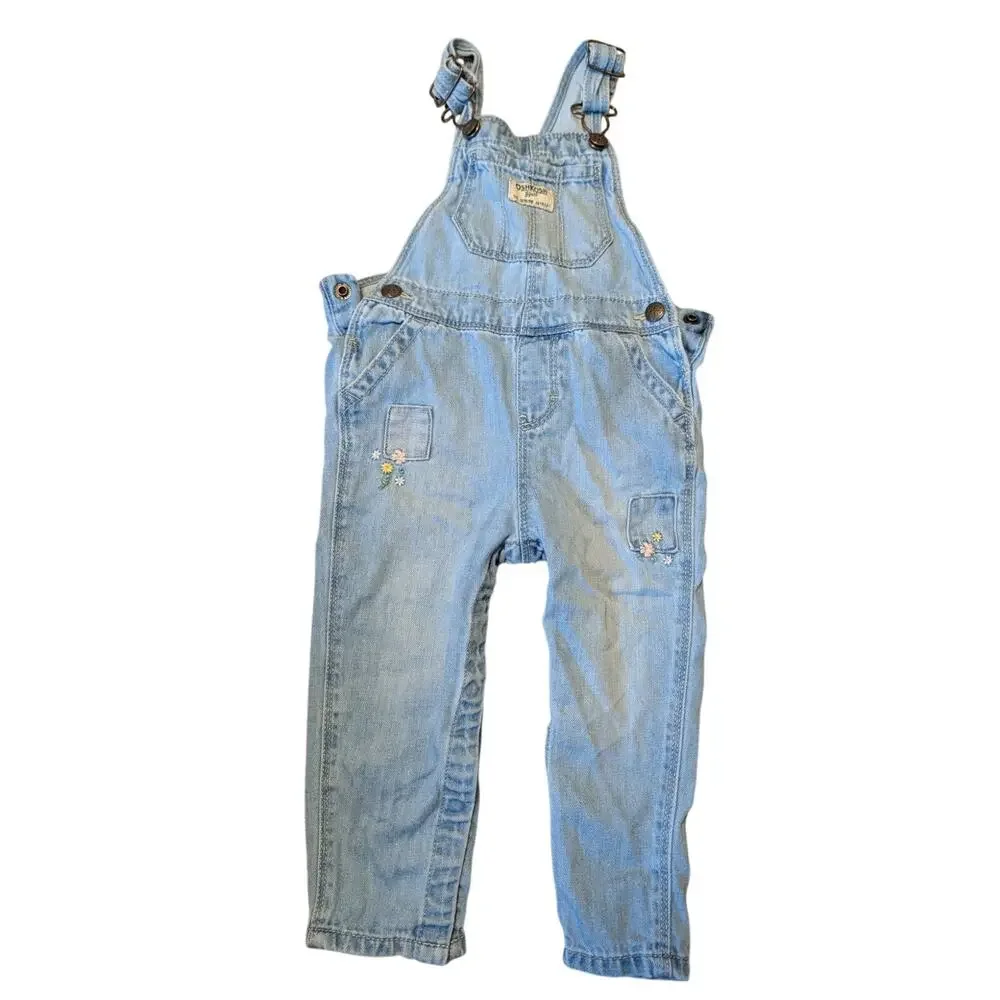 OshKosh B’gosh Baby Light Wash Blue Denim Overalls Size 18M Floral Embroidered
